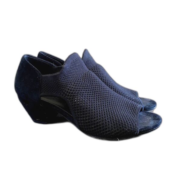 Eileen Fisher‎ Wink Knit Sandals Black Peep Toe Block Kitten Heel Size 10 - Picture 1 of 6